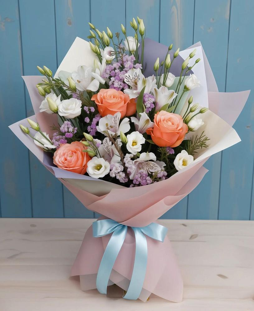 Букет цветов из: Лизиантусы, Розы, Альстромерии и Гипсофила в Кендже-Кулаке