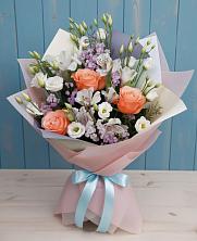 Букет цветов из:  Лизиантусы, Розы, Альстромерии и Гипсофила в Кендже-Кулаке